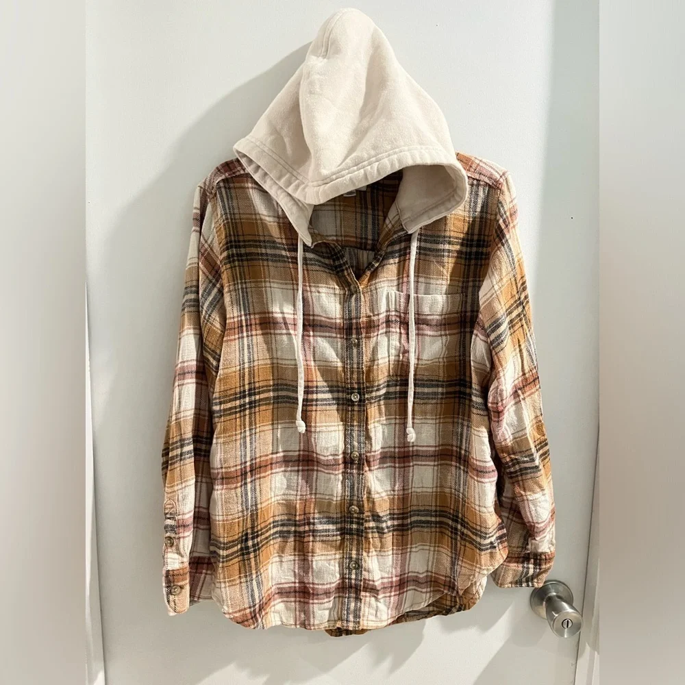 American Eagle Outfitters Plaid Flannel Hooded Shirt, OVERSIZED, size small - Picture 3 of 12